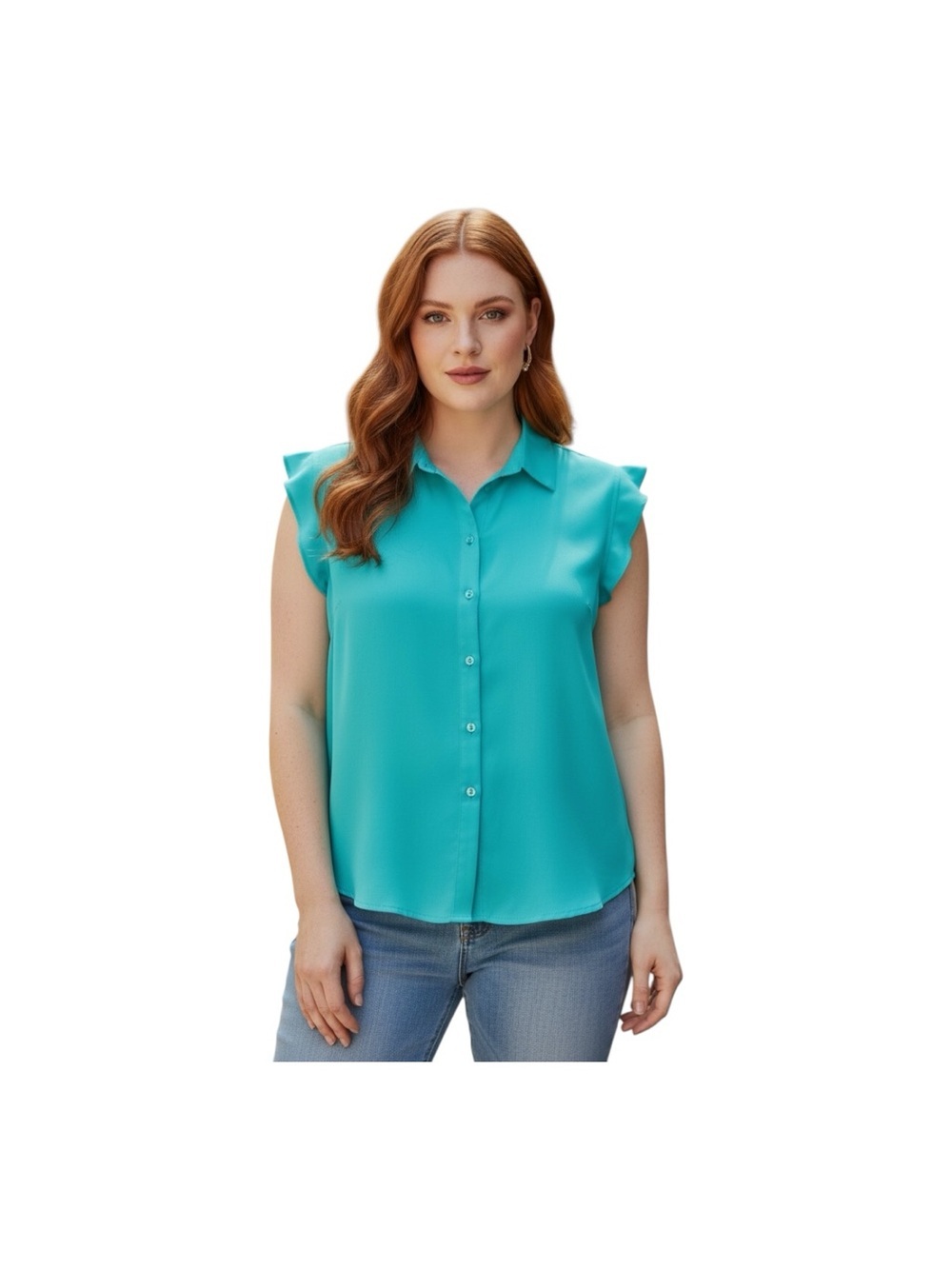 New York & Company Plus Size XXL Ruffle Shoulder Button-Front Blouse Teal Blue